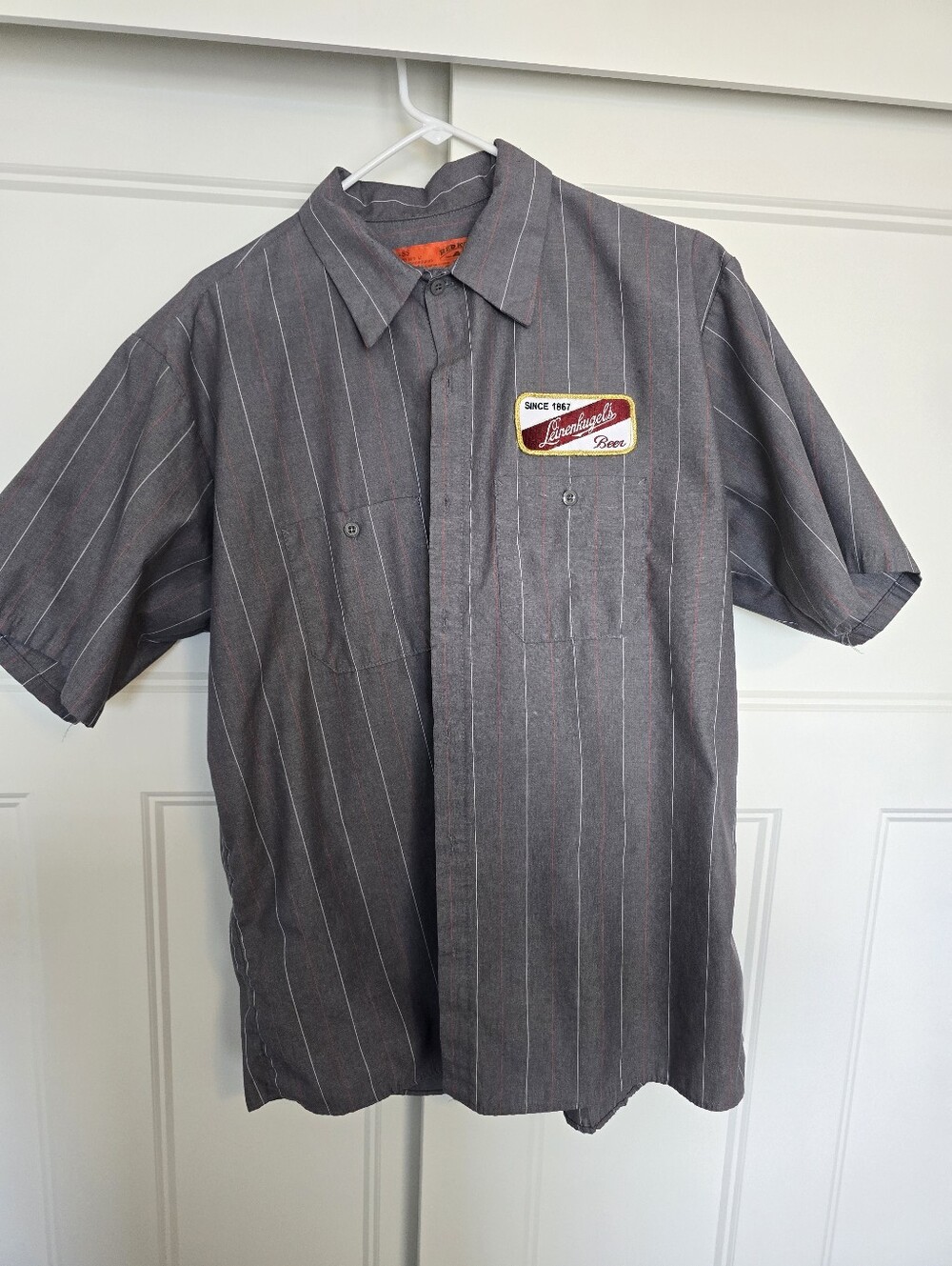 Red Kap Leinenkugel's Beer Striped Work Shirt XL Short Sleeve Back Patch Vintage
